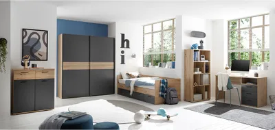 Produktbild von Komplett Set Jugendzimmer 5-teilig in Eiche mit graphit - LESINA-78