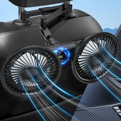 Produktbild von Doppelkopf Auto Lüfter Akku, USB Ventilator 360° drehbar, 3 Geschwindigkeiten, LED Anzeige, leiser Rücksitzventilator für SUV & Reisen