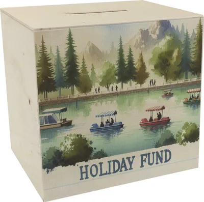 Produktbild von Urlaub am See Urlaubskasse Spardose aus Holz mit Spruch Holiday Fund