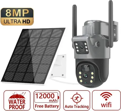 Obrázok produktu pre Solárna bezpečnostná kamera – PTZ, Wi-Fi, IP kamera typu dome – 4K, 8MP – dvojitá šošovka, 270° otáčanie – detekcia pohybu pomocou PIR senzora – vonkajšie použitie, krytie IP66 – bez SD karty