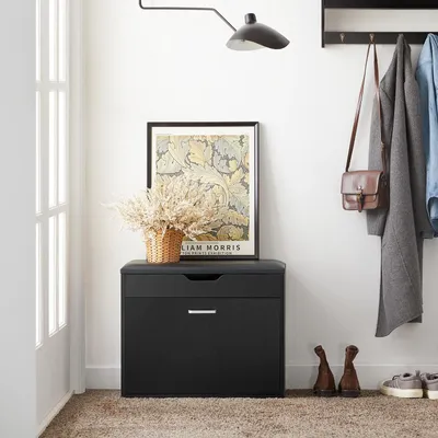Image de FSR95, banc à chaussures avec coussin d'assise, 1 abattant et rangement pour chaussures, env. 60×50×30 cm, noir