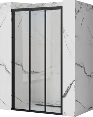 A shower door with a black frame and clear glass panels, set against a marble-patterned wall.