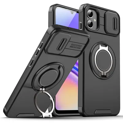 Obrázek produktu pro Dvouvrstvé pouzdro pro Samsung Galaxy A05, s posuvným krytem fotoaparátu a magnetickým kroužkovým stojánkem Černý