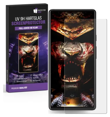 A product packaging box and a screen protector for a smartphone.
