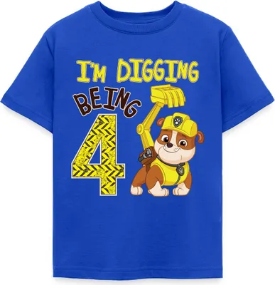 Produktbild von Spreadshirt Paw Patrol Rubble 4. Geburtstag Kinder T-Shirt, 98/104 (3-4 Jahre), Royalblau
