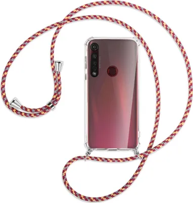 Produktbild von Handykette Backcover-Schutzhülle mit Band (Metall silberfarben) für Motorola Moto G8 Plus - weinrot/gelb/grau