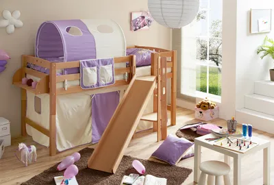 Produktbild von Podestbett mit Rutsche "Tino" Buche Natur Classic (Beige-Lila)