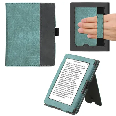 Produktbild von kwmobile Flip Hülle kompatibel mit Kobo Aura Edition 1 - Handschlaufe - Cover Mintgrün Dunkelgrau