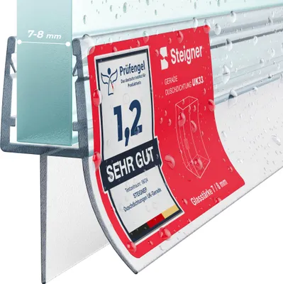 Produktbild von STEIGNER Duschdichtung UK33 90 cm (1 Stk.) Transparent - Dichtung gerade für Eckeinstieg Dusche oder Fünfeckdusche mit Duschtür 7-8 mm - Wasserdicht, Langlebiges Material, Ästhetisches Finish