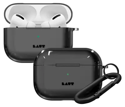 Two black AirPods Pro cases are shown, one open with AirPods inside, and the other closed with a carabiner attached.