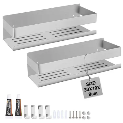 Produktbild von Duschablage 2er Set 30cm Edelstahl gebürstet Silber ohne Bohren mit Haken
