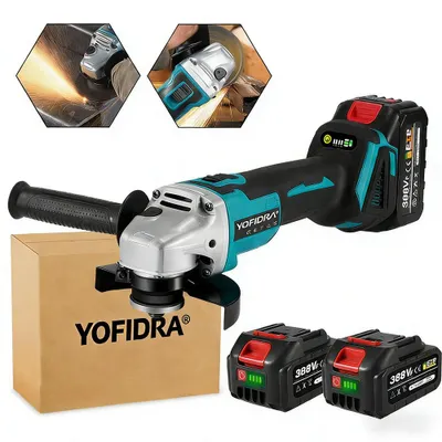 A collage showing an angle grinder with batteries and a box, along with inset images of the grinder in use.