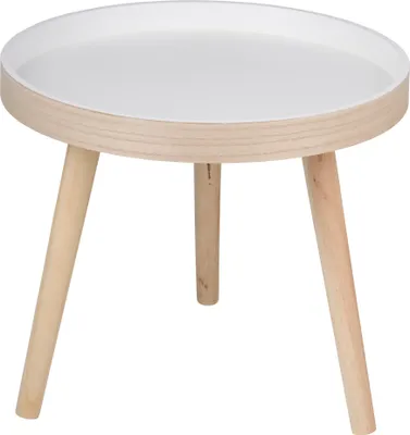 A small, round side table with a white top and light wood legs, presented against a white background.