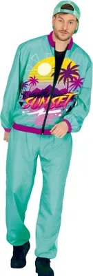 Mann trägt türkisfarbenen 80er-Jahre-Jogginganzug „Sunset Florida Style“.
