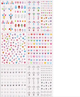 A collage of six sheets of self-adhesive gem stickers in various shapes and colors, including hearts, stars, moons, and crosses.