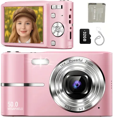 Image de Appareil photo numérique ZELURXX 32 Go, 1080p, 50 MP, appareil photo numérique compact pour enfants, zoom numérique 16x, écran 2,4 pouces, appareil photo compact portable, rose