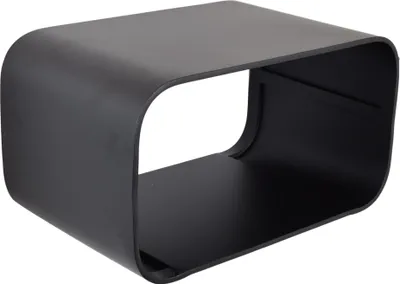 A black, modern side table with a curved design and an open compartment.