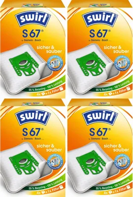 Four packages of Swirl S67 vacuum cleaner bags are arranged in a 2x2 grid.
