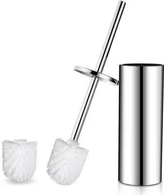 Image de Brosse de toilettes avec support, 2 têtes blanches, acier inoxydable, argent