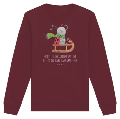 Produktbild von Mr. & Mrs. Panda Rundhals Pullover Smörle Rodeln Größe S - Burgundy - Geschenk, Bio Baumwoll, Schlittenfahren, Sweater, Marzipan, Winter, Pulli, Sweatshirt, Weihnachten