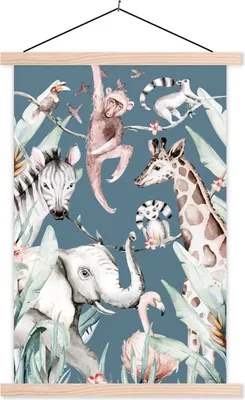 Produktbild von MuchoWow® Textilposter Aquarellieren - Tiere - Dschungel - Jungen - Blau - Kinder 40x60 cm mit holzfarbenen Rahmen - Poster
