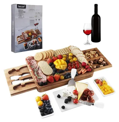 Immagine prodotto di Set regalo per taglieri di formaggio, completo di coltelli per formaggio, 2 cassetti e piano in marmo | Legno di acacia, bianco
