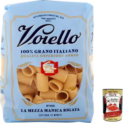 Produktbild von 5x Voiello Pasta Mezze Maniche Rigate Nudeln 100% italienische N 122 500g + Italian Gourmet Polpa 400g
