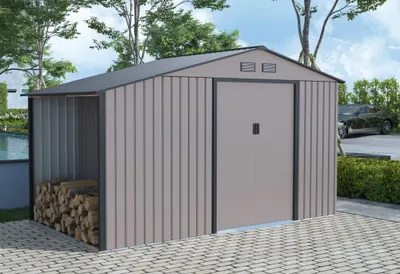 A garden shed with an attached wood storage area, set in an outdoor environment with a paved patio, trees, and a car in the background.