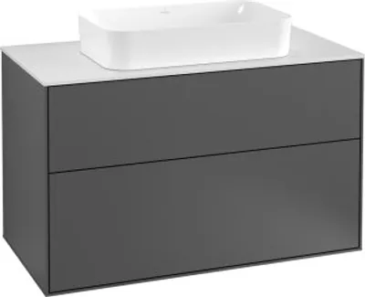 Produktbild von Villeroy & Boch Finion Waschtischunterschrank, 2 Auszüge, mit integrierter Beleuchtung, Waschbecken mittig, ohne Hahnloch, 1000x603x501mm, Glass Black Matt, G64200GM