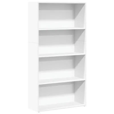 A white, four-shelf bookcase against a white background.