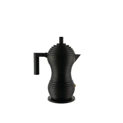 A black Alessi Pulcina coffee maker is shown against a white background.