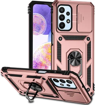 Image de Étui pour Samsung Galaxy A23 4G étui double couche avec couvercle coulissant pour l'appareil photo et anneau de support Rose