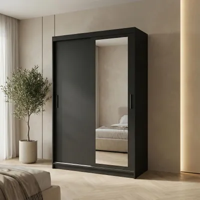 Image de BEAUTYSOFA | Armoire HELA 100 cm noire – Armoire moderne avec miroir et portes coulissantes, design minimaliste
