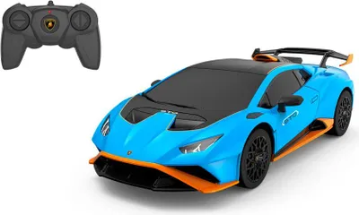 A blue Lamborghini Huracan STO remote-controlled car and its remote control are displayed against a white background.