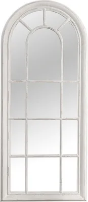 A full-length mirror with a distressed white frame, designed to resemble a multi-paned window with an arched top.