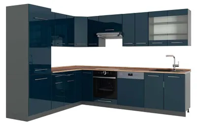 Image de Cuisine en angle Vicco Fame-Line Bleu foncé brillant/Anthracite 287 x 227 cm, PT Chêne, Model 49720