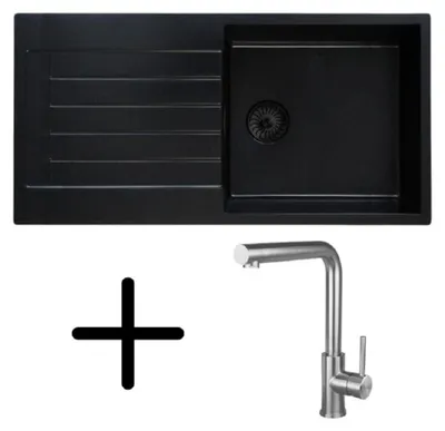 Caressi CAQPP850R10BK-EB Spüle, Einbau mit Küchenarmatur CABL003IU. Schwarz. Gesamtansicht