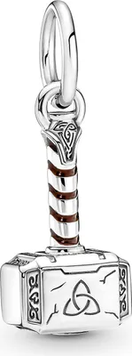 A silver charm shaped like Thor's hammer with brown accents.