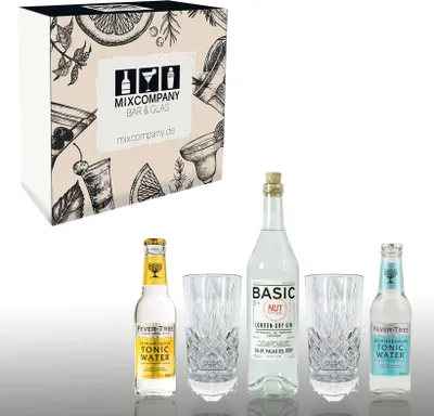 Produktbild von Nut Basic Geschenkset – 0,7L London Dry Gin (40% Vol) + 2 Kristall-Longdrinkgläser + Fever Tree Tonic + Geschenkbox [Enthält Sulfite]