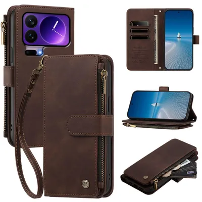 Obrázek produktu pro Pouzdro pro Xiaomi 17 Pro,Polyuretankůže peněženkové pouzdro, na karty, kapsa na zip, stojánek, poutko Hnědá
