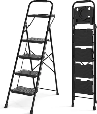 Produktbild von GOPLUS 4 Stufen Trittleiter, Klapptritt mit Werkzeugablage, rutschfester Trittfläche, Schaumstoffgriff, belastbar bis 150 kg, Haushaltsleiter für Büro
