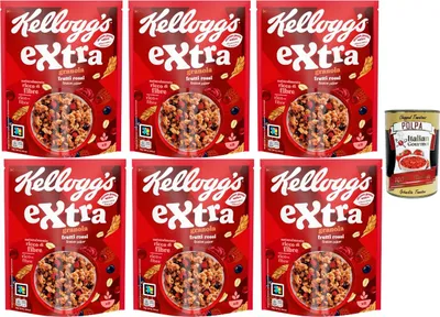 Produktbild von Knusper-Granola Früchte Müsli 6 x 375 g – rote Beeren, ballaststoffreiches Frühstücks-Cerealien Set Vorratspackung + Italian Gourmet polpa