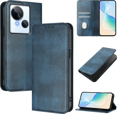 Produktbild von Handyhülle für Tecno Spark 10 5G, Vintage Leder RFID Schutz Kartenfach Standfunktion Magnetische Klapphülle Blau