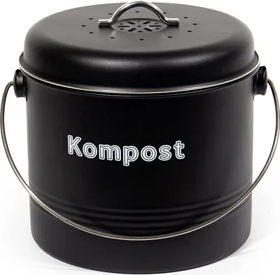 A black compost bin with a silver handle and trim, placed on a white background.