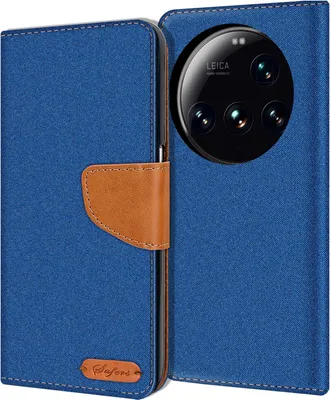 A blue flip case for a smartphone is shown open, revealing the phone's camera module.