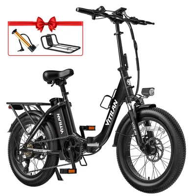 A black electric bicycle is shown from a side-angle, with a red bow and accessories in the top-left corner.