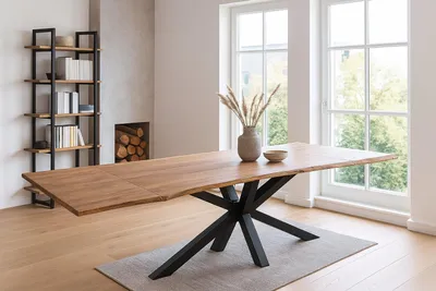 Produktbild von Esstisch 140(220)x90cm mit Ansteckplatten, Baumkante massiv Akazie stone Spider-Gestell schwarz JANNIK