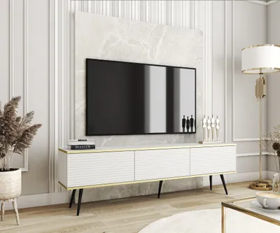 Produktbild von TV-Schrank Rodi - TV-Möbel mit 3 Klappen + MDF, Füße - TV-Lowboard 175 cm, Wohnzimmer, PUSH TO OPEN (Weiß + Schwarz)