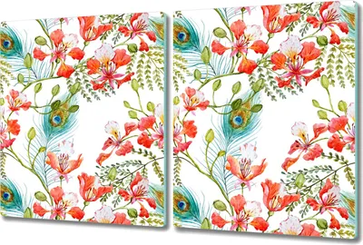 Produktbild von Glas-Herdabdeckplatte Glaskeramikkochfeld-Abdeckung Spritzschutz - 2x 40x52 cm - Pfauenfedern Blumen