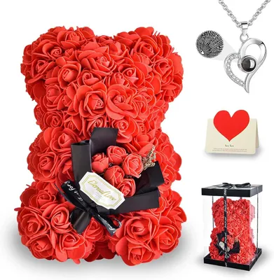 Geschenkset mit rosa Teddybär, Kette & Karte, 25 cm